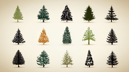 Evergreen Silhouettes: Diverse Pine Tree Illustrations in Nature-Inspired Design