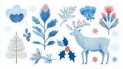 Winter Whimsy: Blue Floral Illustrations with Reindeer & Snowflakes Art