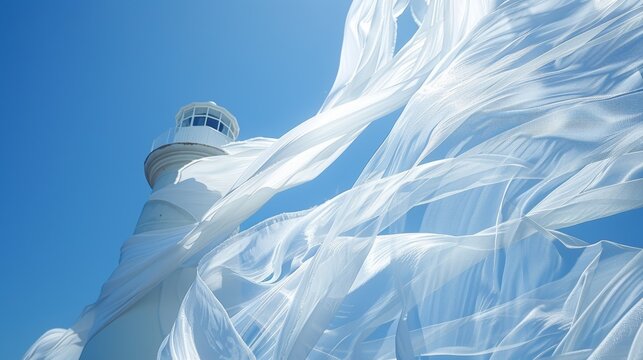 The fabric appears almost weightless as it floats and dances around the sy structure of the lighthouse.