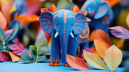Blue and orange decorative elephant figurine with intricate patterns, set against a backdrop of autumn leaves