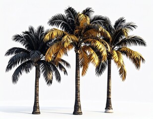 Three palm trees with alternating leaf colors stand against a plain backdrop, showcasing artistic contrast in a minimalist composition.