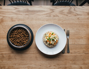 Overhead View of Breakfast Plate and Dog Bowl. Morning Wellness Routine with Pets. A simple healthy human breakfast plate next to a matching full dog food bowl on a clean wooden table.
