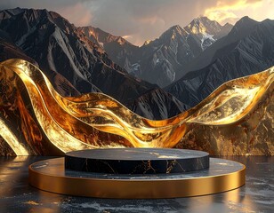 Stunning display setup showcasing a marble platform and backdrop with golden accents, set against a backdrop of majestic mountain peaks at sunset.