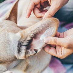 Overhead View of Hands Applying Pet Sunscreen. Morning Wellness Routine with Pets. A person's rubbing a pet-safe sunscreen onto the ear or nose of a dog before a morning outdoor activity.
