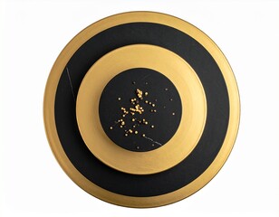 A stylish concentric arrangement of dishes in contrasting gold & black, decorated with delicate sprinkles against a bright, white backdrop.