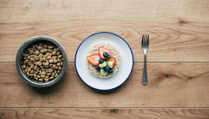 Overhead View of Breakfast Plate and Dog Bowl. Morning Wellness Routine with Pets. A simple healthy human breakfast plate next to a matching full dog food bowl on a clean wooden table.
