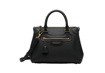 Luxurious brand-new black leather handbag, gold-tone hardware, structured silhouette, on a transparent studio background with soft lighting for product display. Premium fashion accessory concept