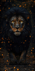 Dark Lion Portrait with Glowing Embers
