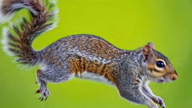 Squirrel in motion jumping against vibrant green background