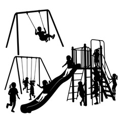 Children enjoying a playground with swings a slide and climbing structures