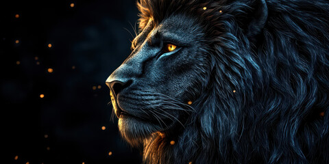 Fiery Black Lion Profile with Glowing Eye
