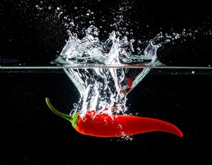 검은 배경 위 물속으로 떨어지는 빨간 고추 Red Chili Pepper Splashing into Water on Black Background