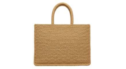 Woven straw tote bag with handles on black background natural, Isolated On Png Transparent Background