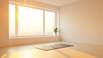 Mental fitness space Empty yoga mat by window sunrise light plant calm minimal sanctuary peaceful