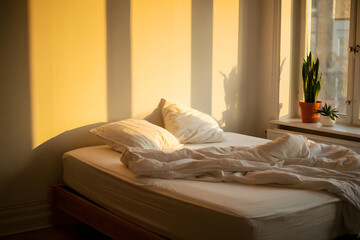 Mental reset space Empty bed with linen sheets morning light window view plants calm sanctuary rest