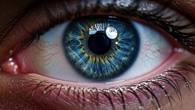 Eye's Azure Depths: An immersive close-up reveals a captivating human eye, its iris a mesmerizing blend of deep blue hues, highlighted by intricate patterns and reflections.