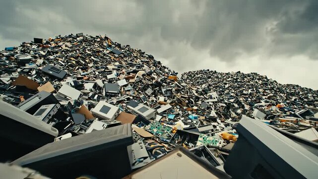 A massive pile of discarded electronic waste fills the landscape under a dark ominous stormy sky with debris scattered everywhere