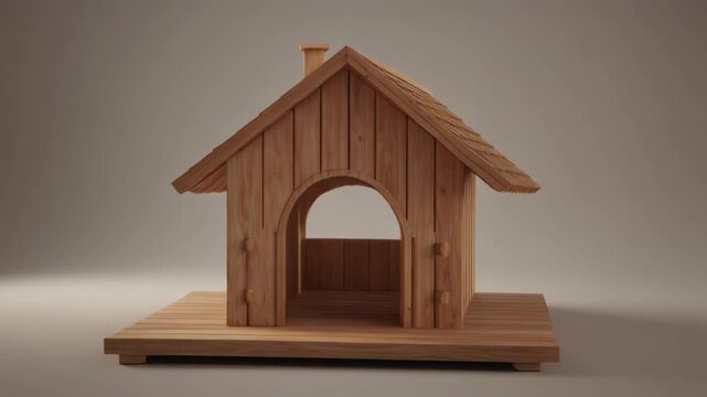 High-detail 3D wooden doghouse displayed on a clean studio turntable. Slow 360&deg; rotation, sh