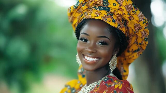 The woman is smiling and wearing traditional African attire, including a beaded head wrap and dress with vibrant patterns.