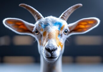 Obraz premium Close-Up of a Goat with Colorful Face Paint Against a Dark Background for Animal Photography