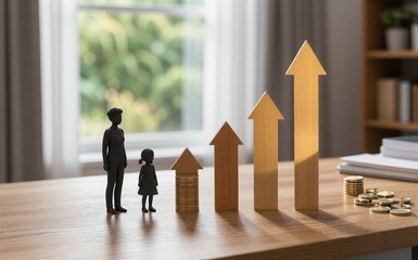 Family figures stand before rising financial graph, symbolizing growth and prosperity together.