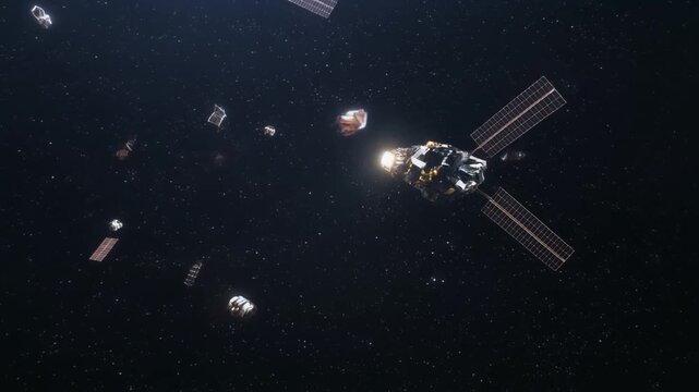 Satellite in Orbit Surrounded by Space Debris and Debris Field.