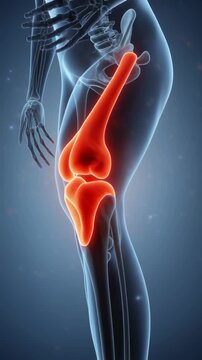 Highly detailed 3D animation of a human knee joint, bones, ligaments, and cartilage visible