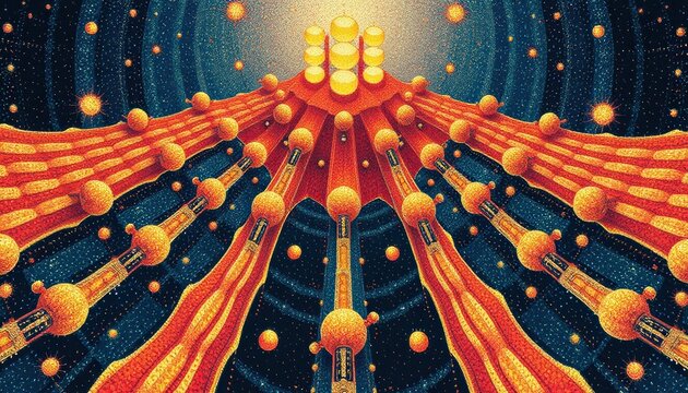 Vibrant orange molecular structure in space with glowing particles - Powered by Adobe