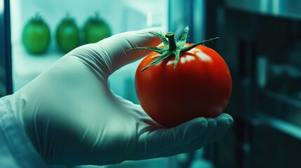 close up hand scientist hold tomato in technology laboratory. GMO and laboratory studies, vegetable, laboratory, biology, science, agriculture, chemical, research, modification
