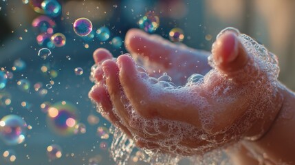 little kid hands wash with soap bubbles and rinse with clean water to prevent and stop the spread of germs after back to home, virus or covid19. Good health and good personal hygiene, virus, bacteria
