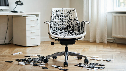 Broken Office Chair Surrounded by Shattered Pieces