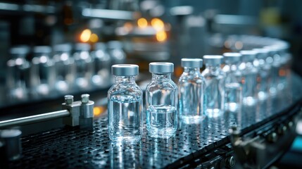 Medical vials on production line at pharmaceutical factory, Pharmaceutical machine working pharmaceutical glass bottles production line, health care, pandemic