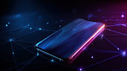 Smartphone on technology background. Neon glowing mobile phone on abstract dark background. Futuristic network connection