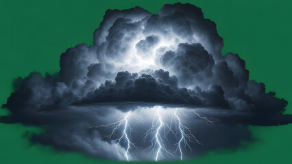 Dramatic storm cloud with lightning bolt on green screen background, perfect for adding a touch of intensity to your designs, conveying energy and power in a visually striking way.