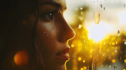 Woman looking through a wet window at the setting sun.
