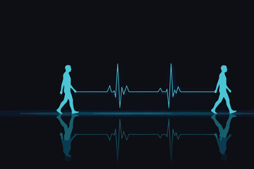 Two blue human silhouettes walking on either side of an electrocardiogram line on dark surface