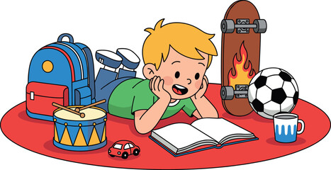 Cute cartoon boy lying on a red rug reading a book surrounded by his favorite toys skateboard backpack drum and soccer ball. © PUTUL