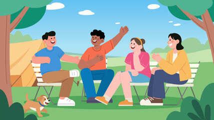 Cheerful Outdoor Chatting Session with Friends and Puppy