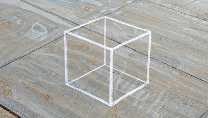 Clear Cube Outline Drawn on Concrete Surface