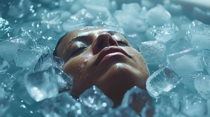 A person submerged in a bathtub filled with ice cubes listening to a soothing voice guiding them through a breathing exercise.