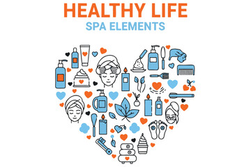 healthy life spa elements icons in a heart shape with hearts and various beauty products