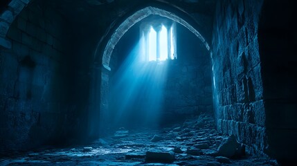 Naklejka premium Sunbeams illuminate a dark, stone hallway inside an ancient building.
