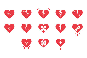 Collection of red heart icons with cracks and bandages on white background