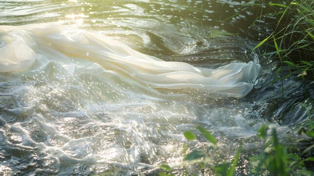 The gentle ebb and flow of the river harmonizing with a delicate fabric waving in the wind.