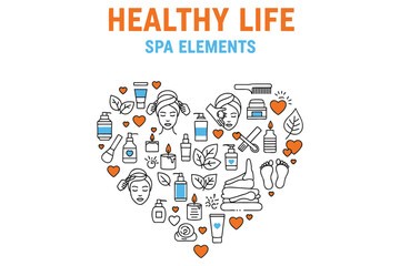 Healthy life spa elements icons in heart shape with beauty and wellness symbols