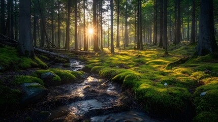 Obraz premium Sunbeams illuminate a stream flowing through a lush green mossy forest.