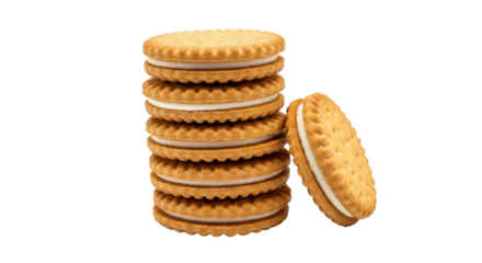 Stack of round cream filled sandwich cookies with one cookie leaning against the stack filling, Isolated On Png Transparent Background