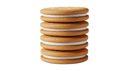 Stack of seven round golden brown sandwich cookies with white cream filling image, Isolated On Png Transparent Background