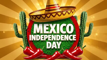 Vibrant Mexico Independence Day Celebration with Sombrero Cacti and Chili Peppers