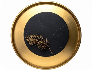 A minimalist golden circular tray with a black marble center and a golden leaf, blending modern aesthetics with natural elements.